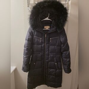 Michael Kors Dark Puffer Jacket with Fur Hood